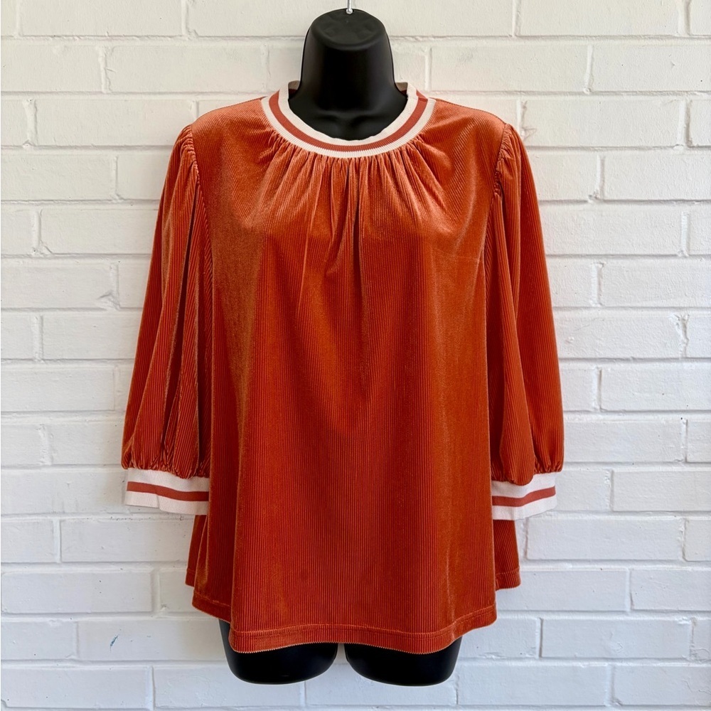 CROSBY by Mollie Burch Orange Corduroy Blouse with White Accents, SZ M LIKE NEW